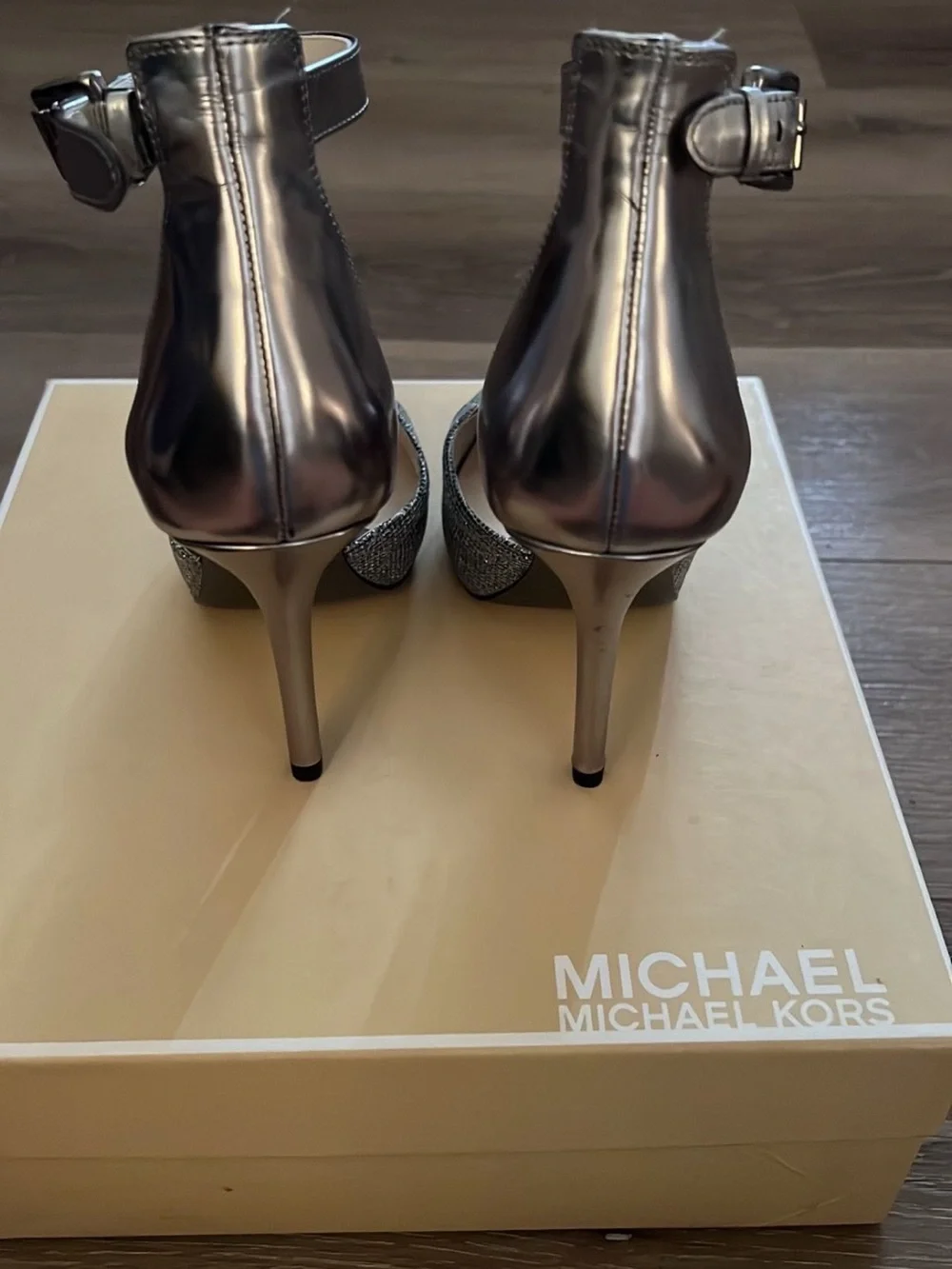 Michael Kors Silver Metallic Ankle-Strap Pointed Pump